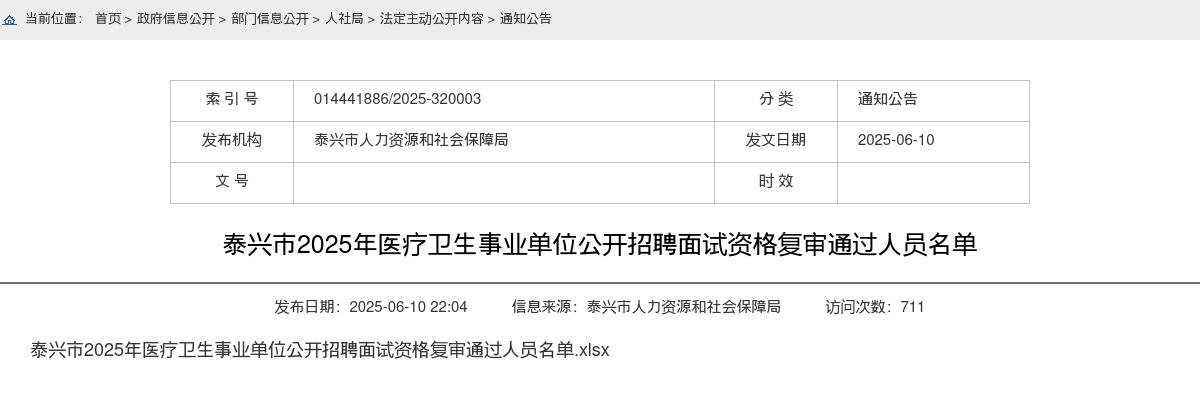 2025泰州市泰兴市医疗卫生事业单位招聘面试资格复审通过人员公告                进入阅读模式 图片